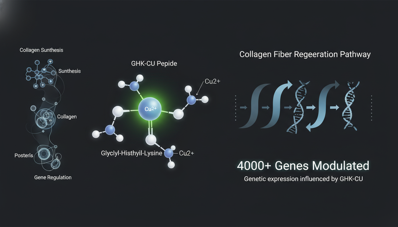 Infographie mécanisme GHK-Cu peptide cuivre — régénération collagène, 4000+ gènes modulés, anti-âge